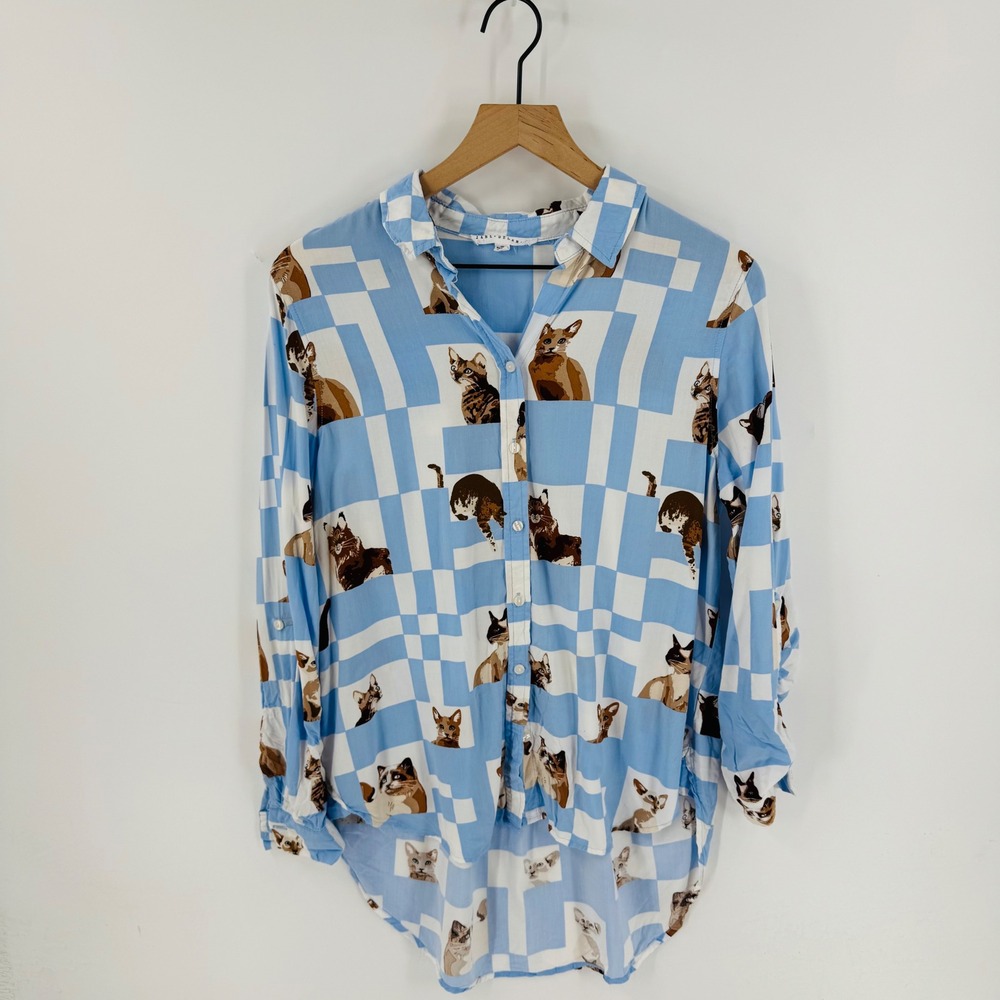 Jane + Delancy Blue Patchwork Cat Print Top Size … - image 1
